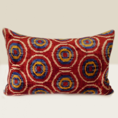 ikat cushion, red blue-yellow dots