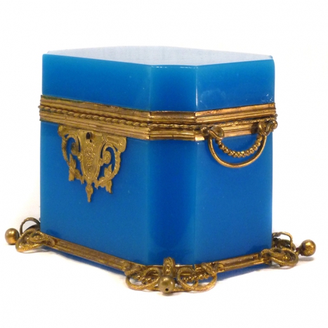 antique box, blue opaline glass