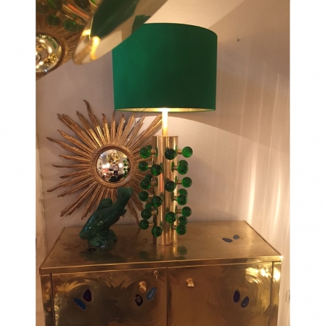 pair of lamps, brass and green glass